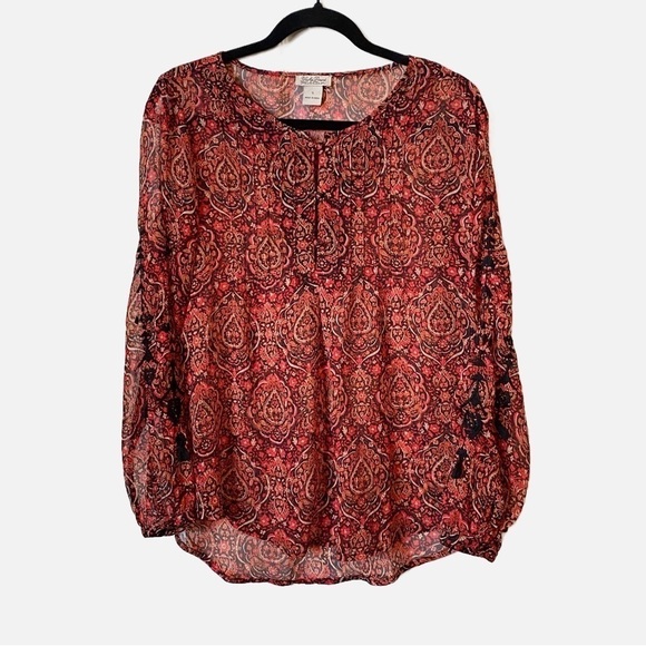 Lucky Brand Boho Paisley Semi Sheer Long Sleeve Blouse Small - Picture 1 of 7